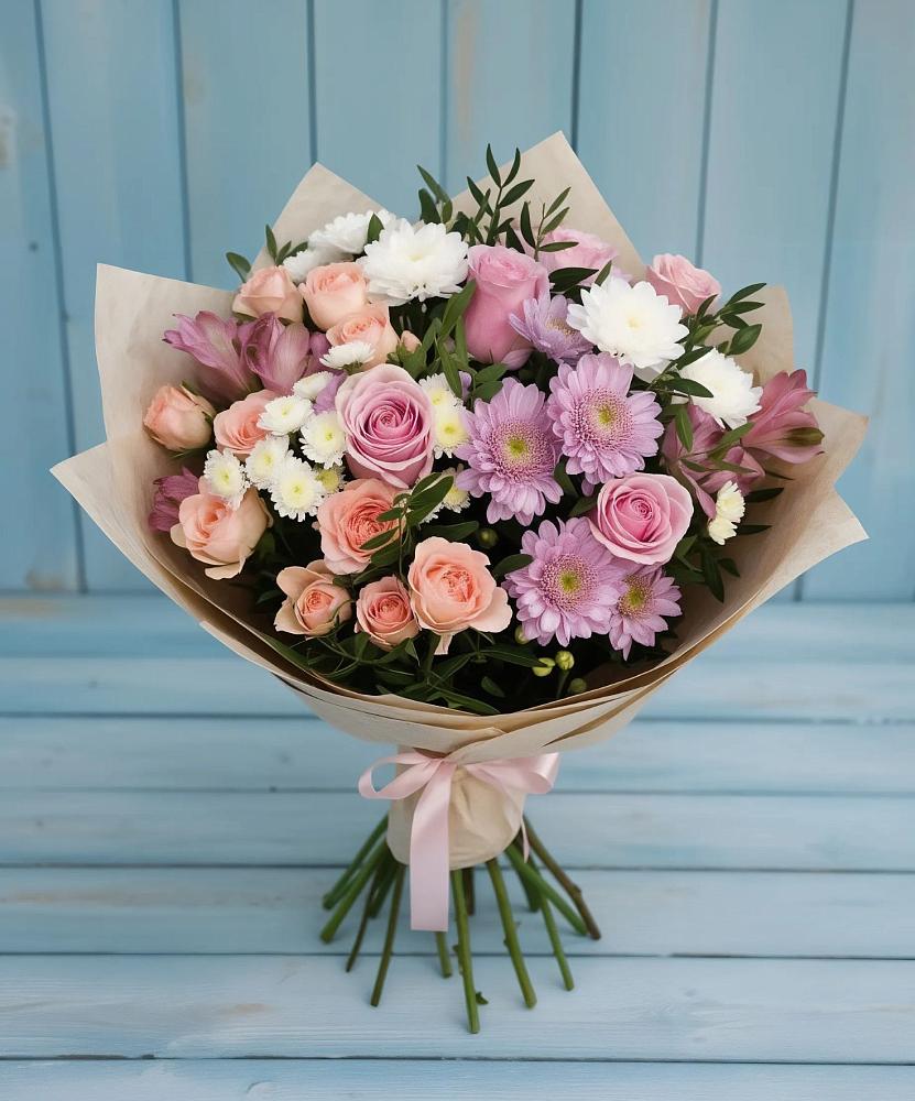 Букет цветов из: Хризантемы, Розы и Альстромерии в Набережной