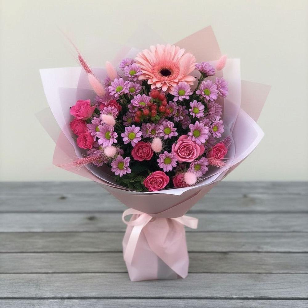 Букет цветов из: Розы, Герберы и Хризантемы в Набережной