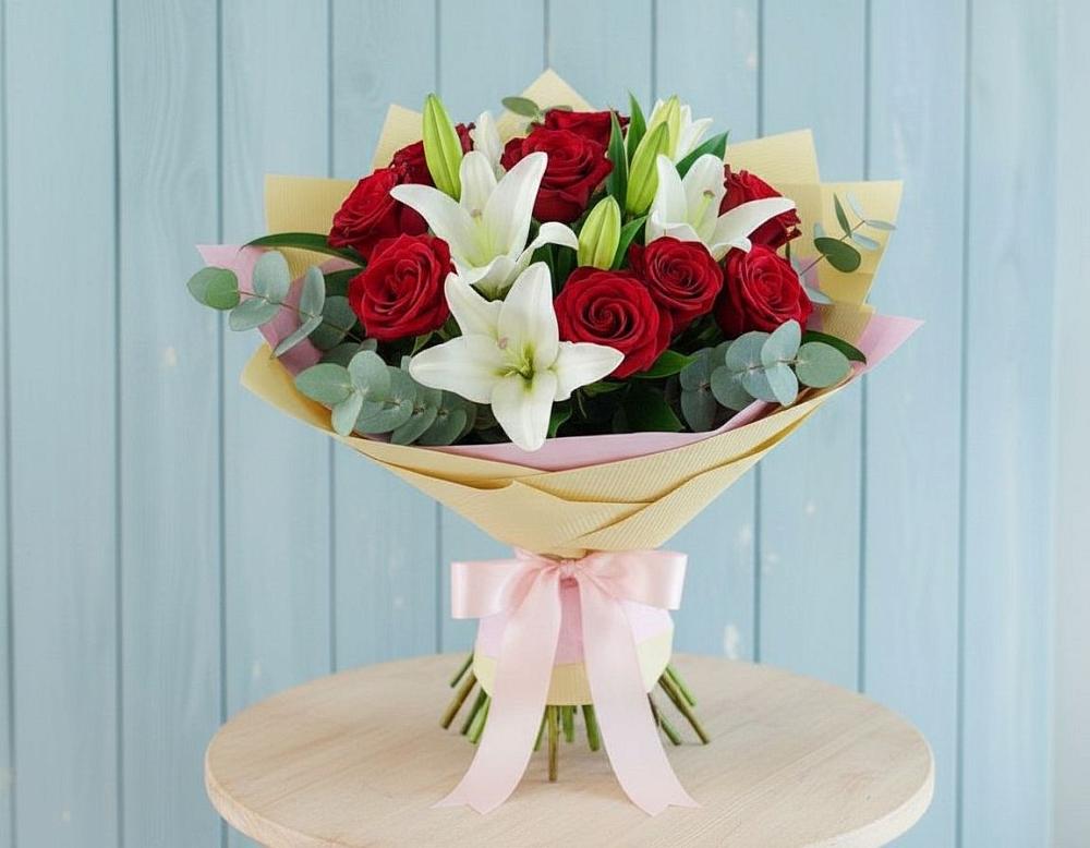 Букет цветов из: Лилии и Розы в Набережной