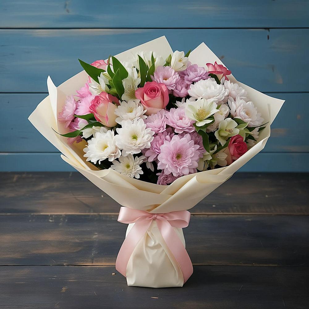 Букет цветов из: Хризантемы, Альстромерии и Розы в Набережной